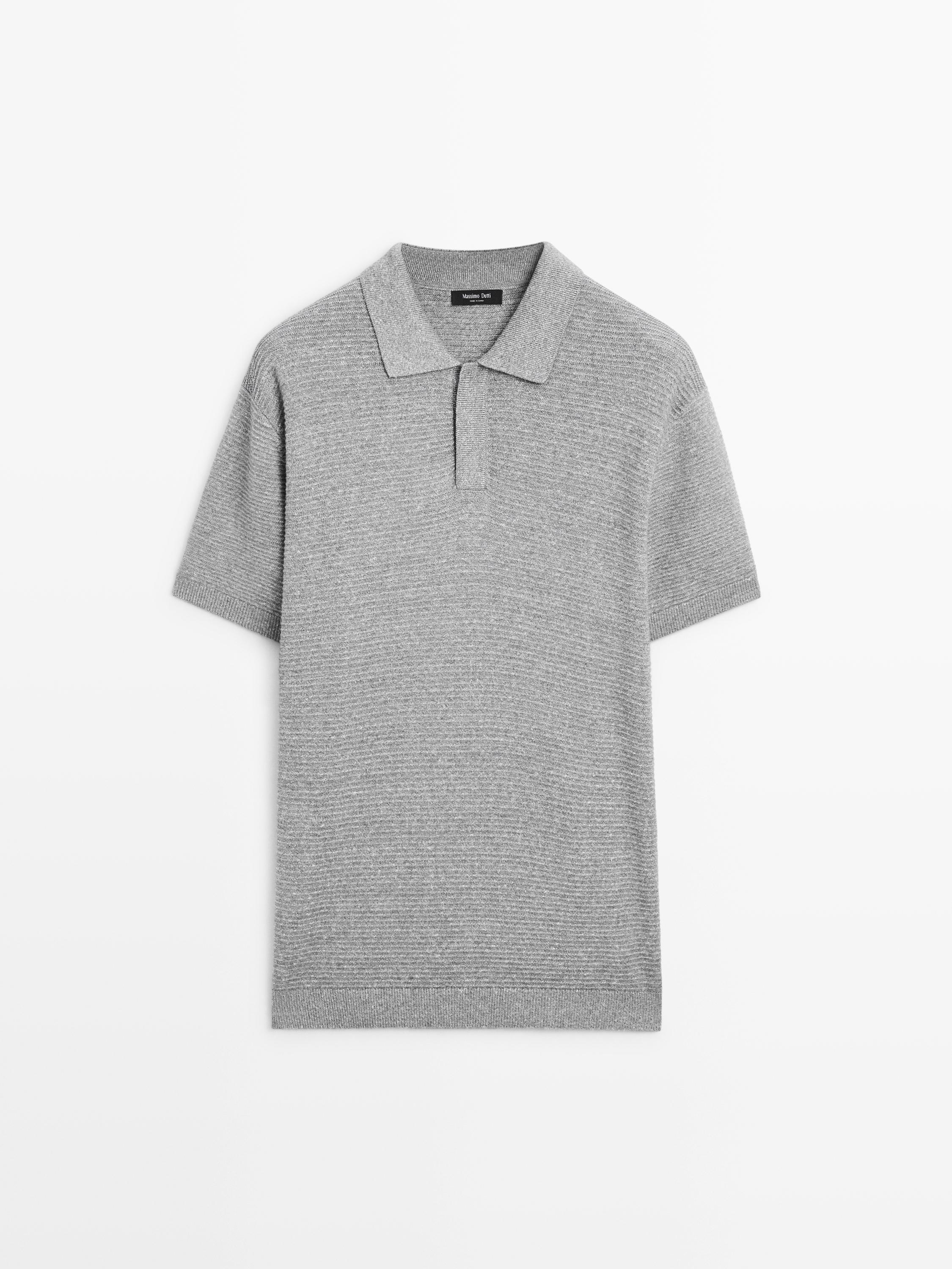 Linen and cotton blend knit polo shirt with short sleeves